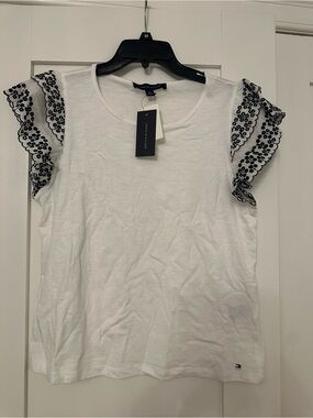 Tommy Hilfiger White Tee with Navy Eyelet Ruffle Sleeves
